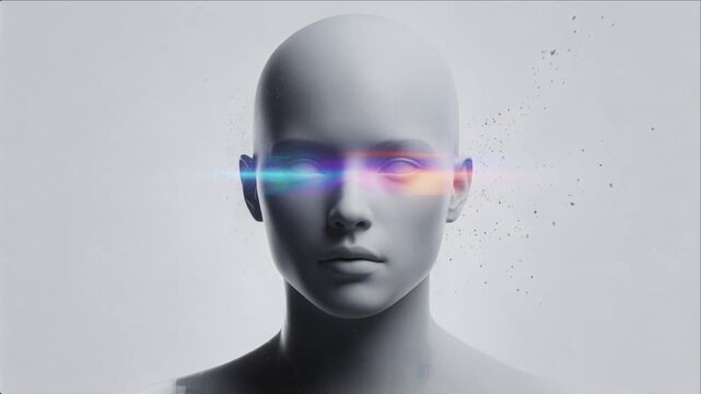 Digital Identity Automation with AI Creates Abstract Human Portrait, Fragmented Face Features, Colorful Glitch Light, and Futuristic Emotion Expressing Technological Transformation and Uncertainty