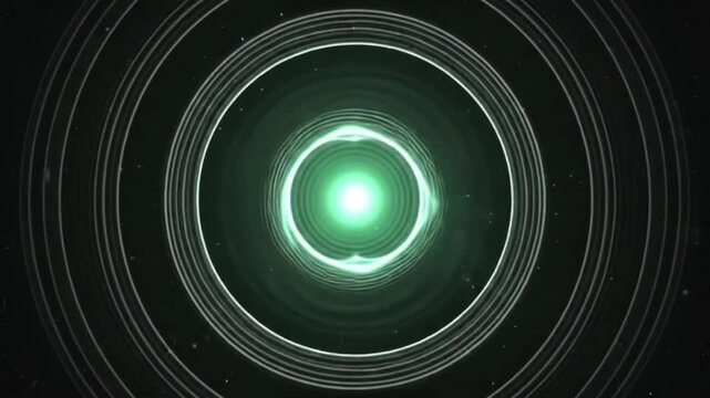 Glowing green light shining in the center of concentric circular black and white ripples creating hypnotic geometric tunnel effect with abstract digital textures throughout dark space background