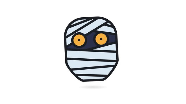 Mummy face wrapped in bandages with glowing yellow eyes presented as a cartoon vector graphic on white.