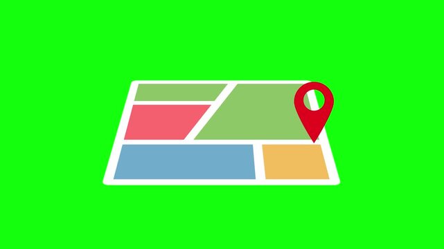 Street map animated local delivery and gps tracking with red location pin moving between city zones in 4k on green screen background.