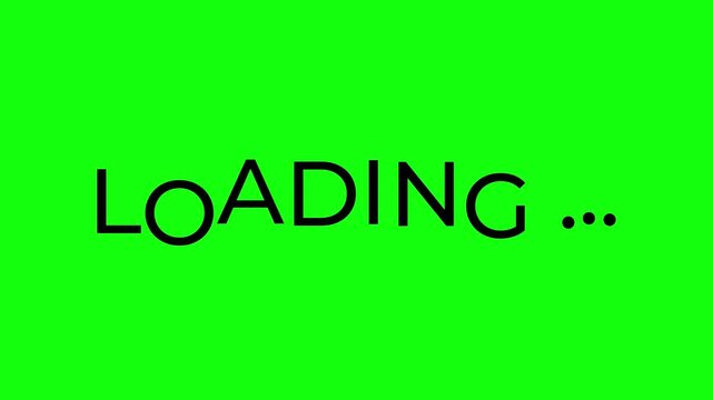 Loading text animated digital waiting and system buffering status with black letters and bouncing dots in 4k on green screen background.