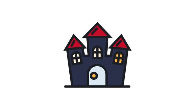 Castle building with pointed towers and arched windows shown in a minimalist vector graphic style.
