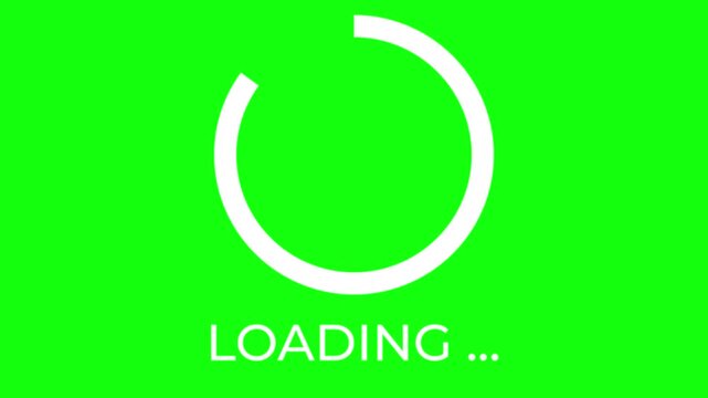 Loading icon animated digital buffering and transfer status with white circle and text spinning clockwise in 4k on green screen background.