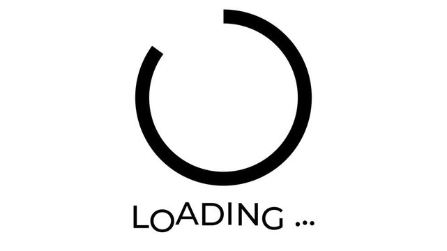 Loading text animated interface buffering and system progress concept with black circle spinning clockwise in 4k on white background.