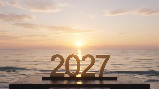 2027 year numbers standing on beach platform during sunrise ocean horizon background