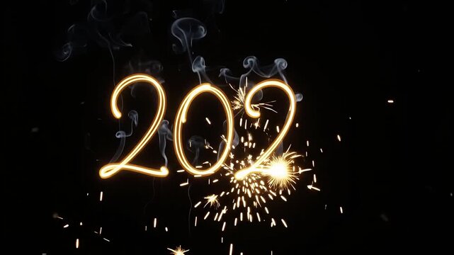 New year celebration number burning with bright sparklers against dark background