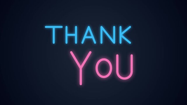 Neon sign spelling thank you glows brightly against a dark background for gratitude appreciation themes.