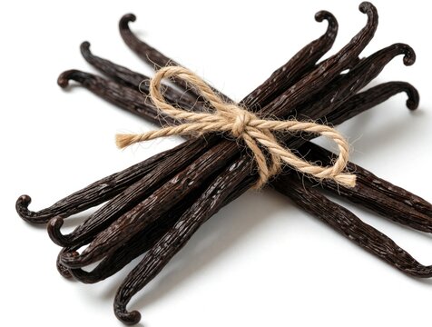 Bundle of organic vanilla beans tied with twine rope. Brown spice pods arranged in cross shape on white background. Natural vanilla extract ingredient for cooking, baking, gourmet dessert making.
