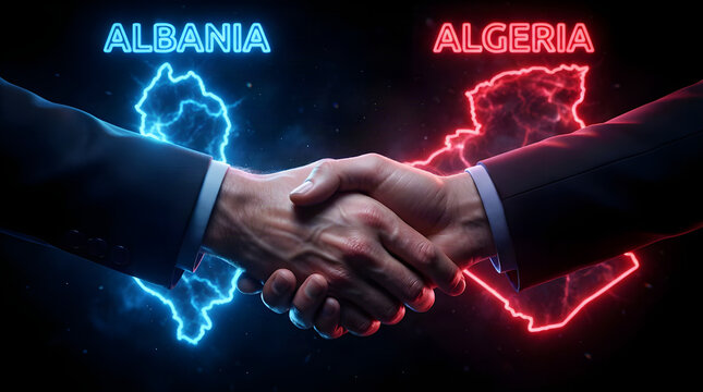 Business handshake representing international cooperation and diplomatic agreement between albania and algeria with neon lights
