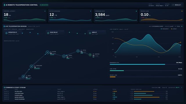 Futuristic ai remote teleoperation control dashboard for robotic arm manipulation with live telemetry, network latency, command stream, for industrial automation