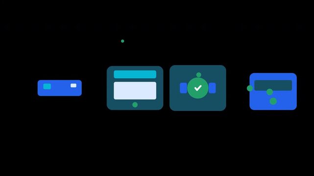 4K 2D flat vector animation depicting a secure digital payment flow. A payment card taps the terminal, transmitting digital signals that are captured, verified in a security node with a mechanical gat