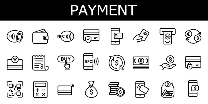 Payment. Linear icon set. Payment options. Payment vector icons. Outline payment method symbols. Money transfer. Banking, credit card, cash and transaction symbol. Vector illustration.