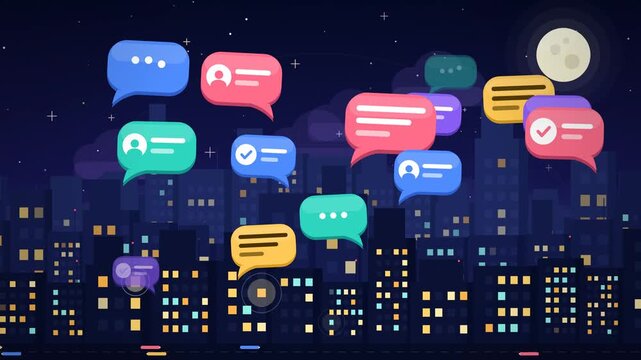 Colorful Chat Bubbles Floating Over Night City Skyline Animation