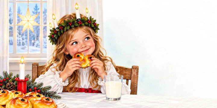 Swedish Santa Lucia watercolor illustration of a mischievous little girl eating lussekatter, Swedish saffron buns, by a window with an Advent star, against a subtle background with copy space