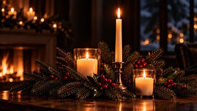 Tall ivory taper and glass pillar candles with red berries and evergreen beside a glowing fireplace. Christmas still life background for holiday banners.