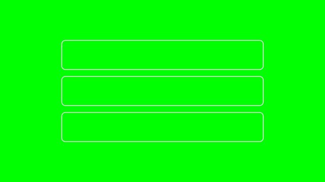 Minimalist three horizontal white outline rectangles appearing and disappearing on a vibrant green background, animated graphic element for compositing, symbolizing choices, options, or data sections