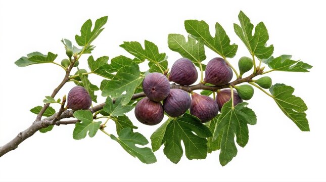 Fresh ripe figs hanging on a fig tree branch with green leaves isolated on white background