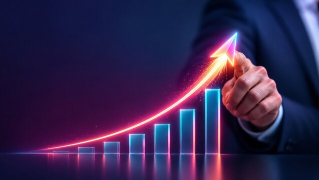 Financial growth chart concept with businessman hand touching glowing ascending arrow above neon bar graph representing investment profit and roi