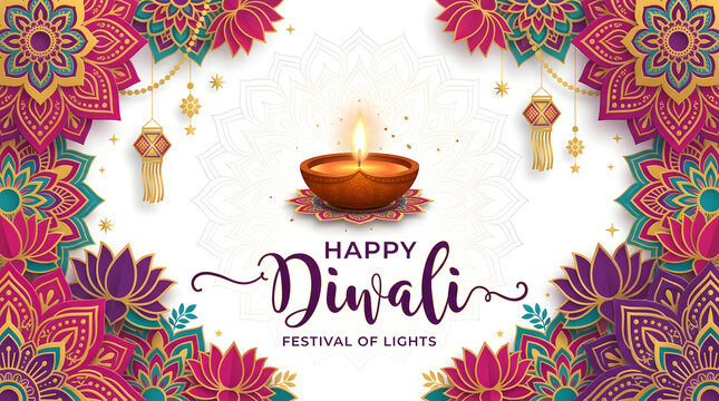 Diwali festival diya lamp lotus flowers lanterns isolated on