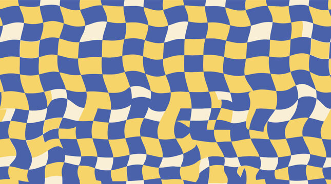 Wavy distorted checkerboard pattern with blue and yellow squares