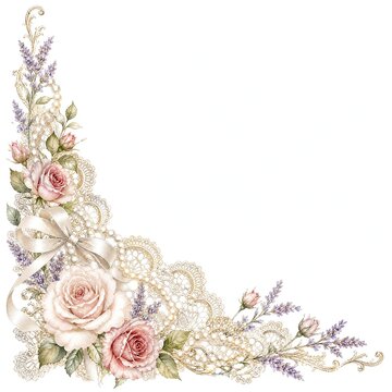 Ivory Lace Corner With Blush Roses Lavender and Looped Pearls
