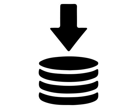 Coin stack with downward arrow black silhouette icon, deposit savings and money income vector