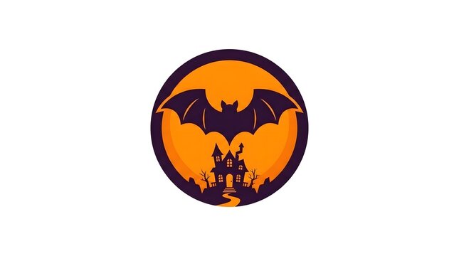 Spooky Halloween circular emblem featuring a bat flying over a haunted house silhouette against a bright orange moon background