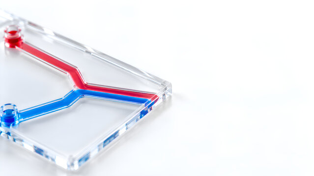 Macro view of a transparent microfluidic chip with red and blue fluids flowing in parallel through a Y-junction channel on a clean white background for laminar flow research and drug discovery.