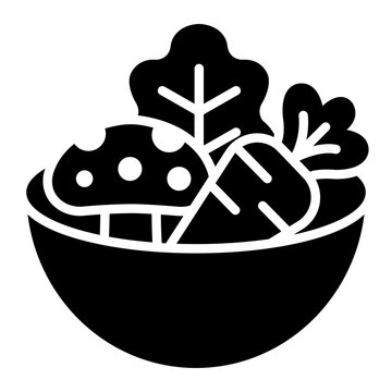 mushroom salad glyph icon. lettuce and carrot in a bowl. Nutrition kitchen