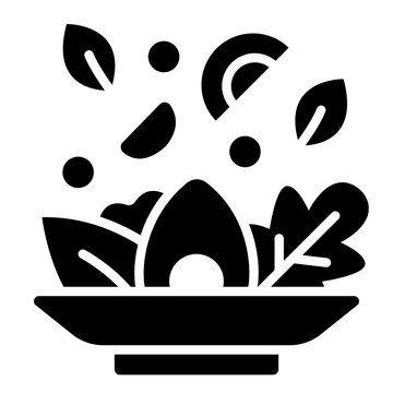 tossed salad glyph icon. avocado with flying leaves. creamy mix. cafe and kitchen