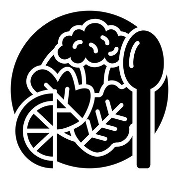 salad plate glyph icon. broccoli and lemon with a spoon. clean meal. Nutrition