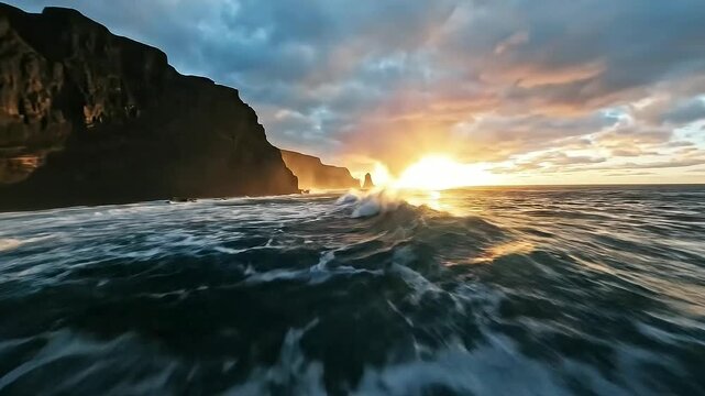 Ocean Sunrise Majesty: The sun bursts through dramatic clouds over a rugged coastline, casting a golden glow on the powerful, rolling waves of the ocean in this breathtaking sunrise scene.