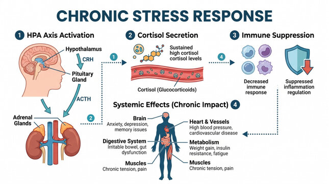 Chronic Stress Response Infographic showing HPA Axis Activation, Cortisol Secretion, Immune Suppression, and Systemic Effects
