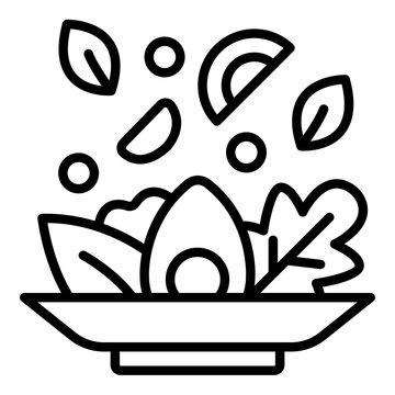 tossed salad outline icon. avocado with flying leaves. creamy mix. cafe and kitchen