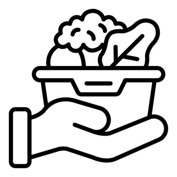 salad container outline icon. hand offering fresh lunch. healthy delivery.  Nutrition