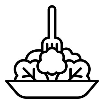 broccoli salad outline icon. fork lifting a floret over a plate. tasty meal. cafe