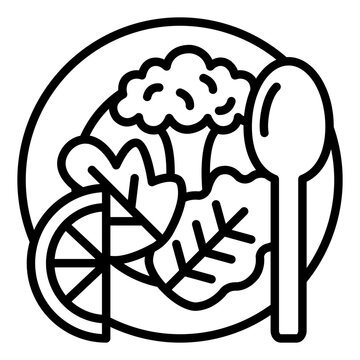 salad plate outline icon. broccoli and lemon with a spoon. clean meal. Nutrition