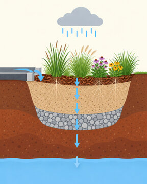 Rainwater soaks through layers of soil and sponge like rocks in this city garden bed, nourishing plants and filtering water naturally