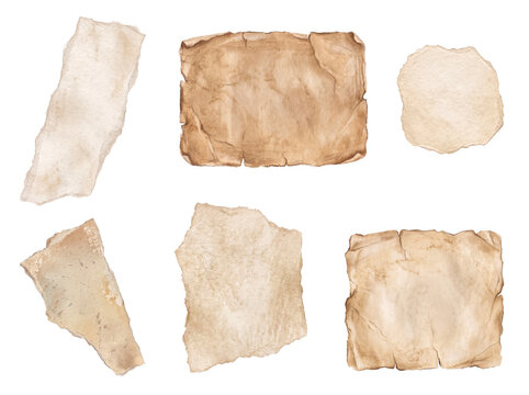 Torn aged paper pieces with watercolor texture and burnt edges