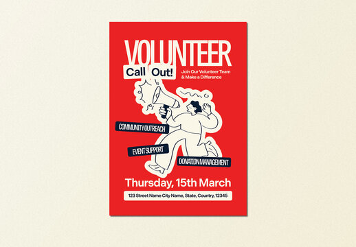 Red Beige & Navy Blue Naive Design Volunteer Callout Flyer