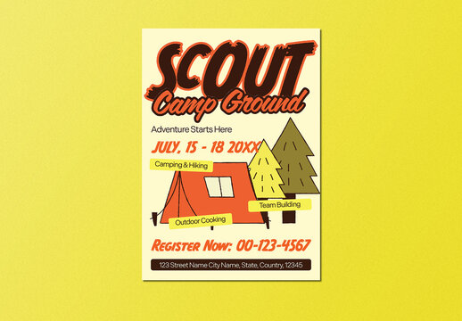 Beige Brown and Orange Retro Cartoon Scout Camp Ground Flyer