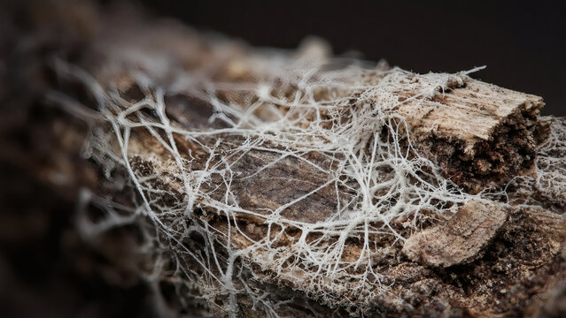 Macro of White Mycelium Threads Spreading Across Wood