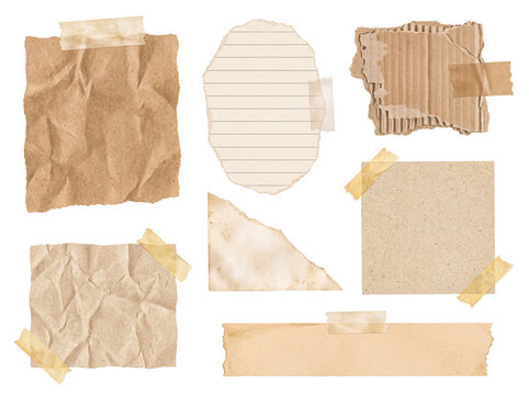 Collection of seven torn paper pieces taped with masking tape