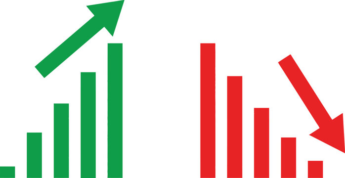 A minimalist graphic showing a green bar chart increasing with an upward arrow and a red bar chart decreasing