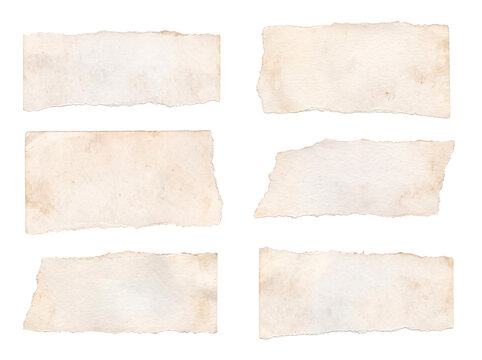 Six aged rectangular torn paper strips with rough edges