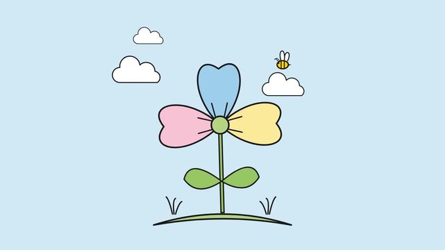 Colorful flower illustration with clouds and a bee on a light blue background
