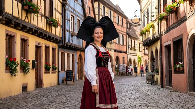 Alsatian woman wearing a black bodice, white blouse, red ribbon, long skirt, large black bow headdress, colorful half-timbered houses.