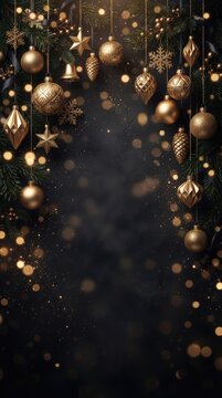 Vertical christmas background with hanging gold baubles and festive glowing lights with copy space