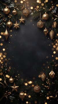 Christmas wreath frame with golden ornaments and twinkling lights with copy space
