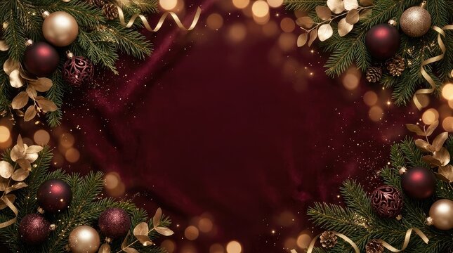 Christmas horizontal background with festive decorations and glowing bokeh lights with copy space